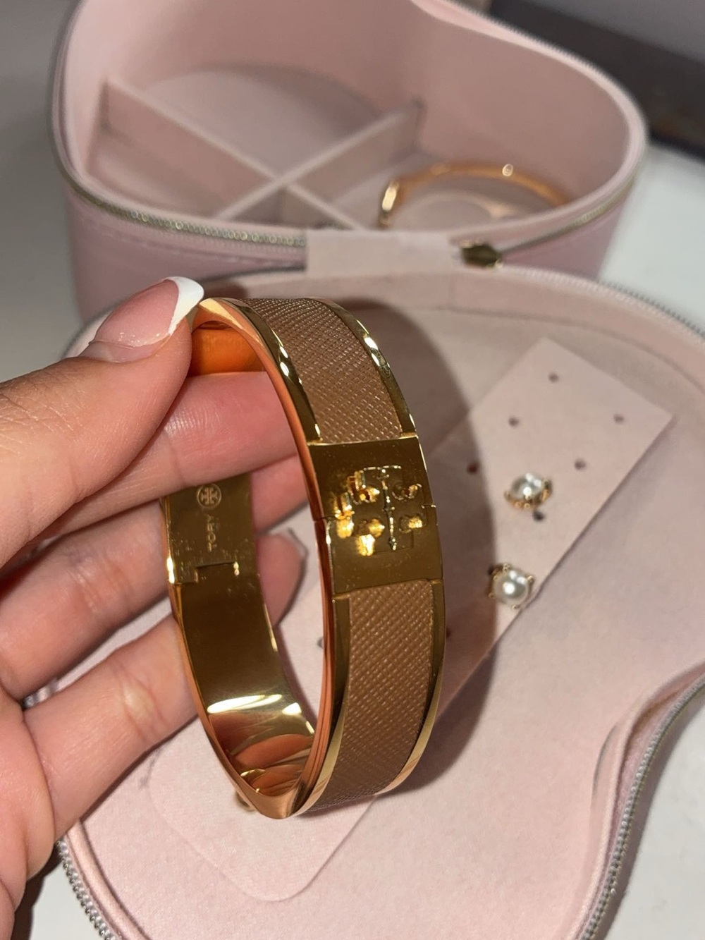 Tory Burch Gold and Brown Logo Hinge Bracelet